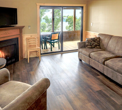 Cabin living room interior with fireplace