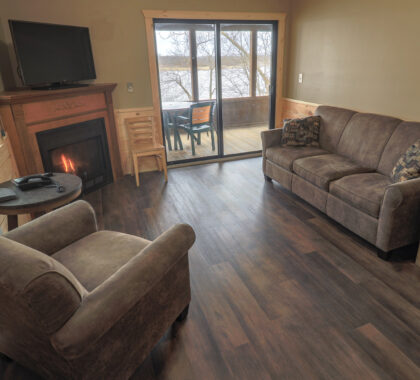 Upgraded interior of a cabin at Deer Creek Lodge includes new furniture and color pallet