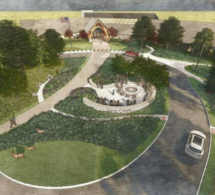 Design rendering of the updated exterior entrance driveway and landscaping