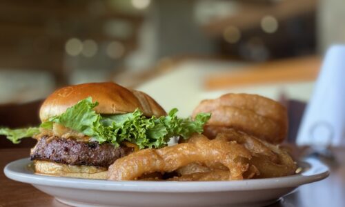 black and blue burger from rafter's restaurant at Deer Creek Lodge